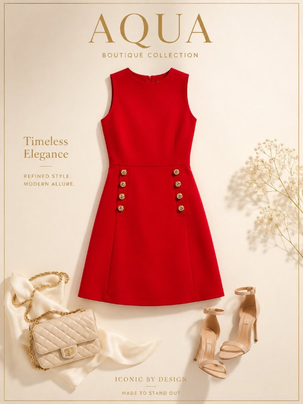 Aqua Red Sleeveless A-Line Mini Dress with Gold Buttons